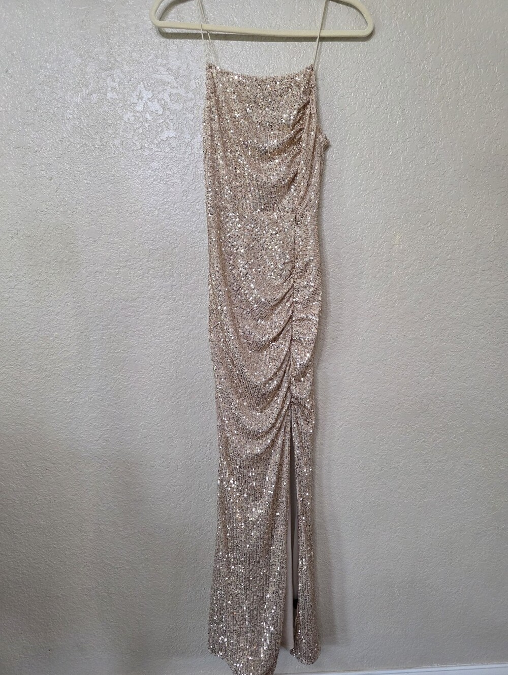 Fashion Nova Champagne Rouched Sequin Gown